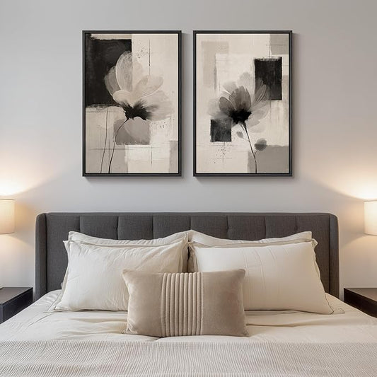 Framed Neutral Abstract Floral Wall Art, 2 Piece Black and Beige Minimalist Canvas Prints Paintings Artwork for Walls, Modern Elegant Pictures for Living Room Dining Room Bedroom Wall Decor 20x30 In