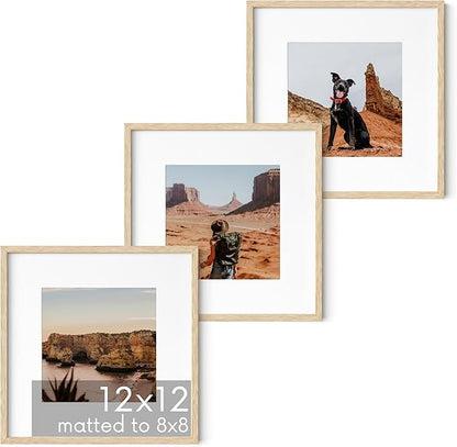 HAUS AND HUES Beige Oak Wood 12x12 Picture Frames - Set of 3, Square Frames with Mat, Minimalist Frames for Photos and Posters (12x12 in, Beige, Set of 3)