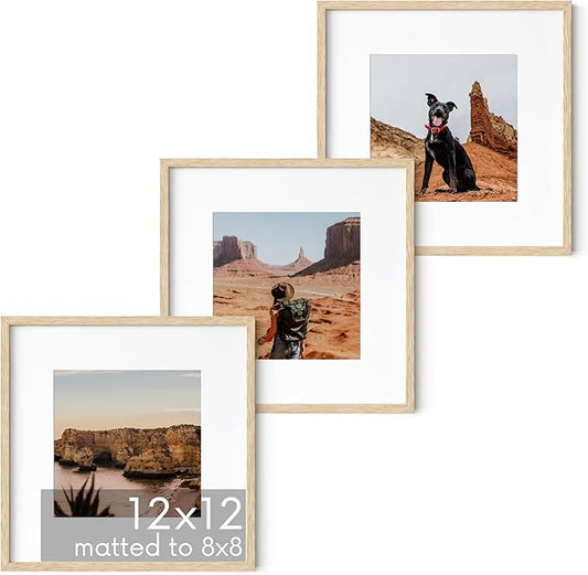 HAUS AND HUES Beige Oak Wood 12x12 Picture Frames - Set of 3, Square Frames with Mat, Minimalist Frames for Photos and Posters (12x12 in, Beige, Set of 3)