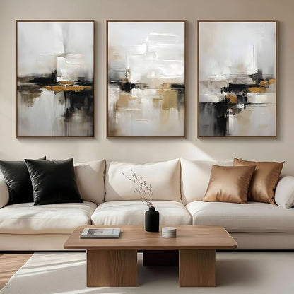Abstract Neutral Wall Art Black and Brown Grunge Framed Mid Century Modern Wabi Sabi Textured Canvas Painting Artwork for Living Room Bedroom Office- 3 Panels, 16x24 Inch, Ready to Hang