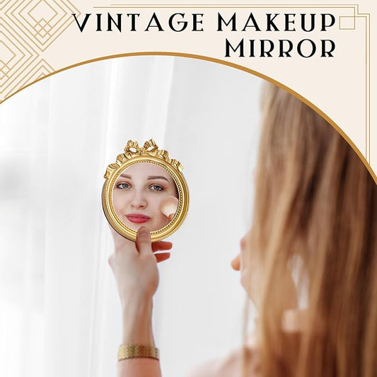 Threehoney 2 Pack Portable Small Vintage Gold Bow Mirror 4.1" Round Vintage Makeup Desk Mirror for Bedroom, Bathroom, Table Decoration