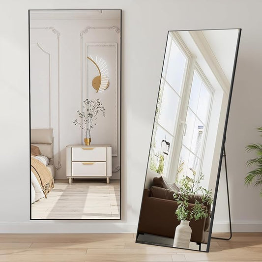 NEWBULIG Mirror Full Length, 64"x21" Body Wall Mirrors with Shatter-Proof Glass, Upgraded Floor Standing Mirror, Hanging or Leaning, with Stand Aluminum Alloy Frame for Home Decor, Bedroom, Black