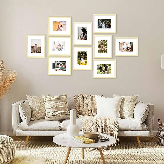 JCJMY 10 Packs 8x10 Picture Frame, Display 5x7 with Mat or 8x10 Without Mat, Gallery Wall Frame Set, 8 by 10 Frames Bulk Set of 10 Collage Wall Decor Photo Frames Set for Wall and Tabletop, Gold
