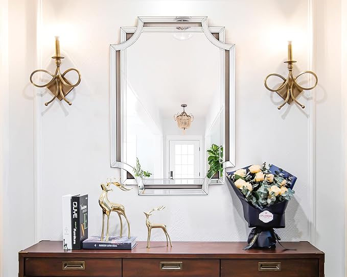 Chende Scalloped Large Wall Mirror, 28" x 40" Bathroom Mirror with Beveled Edge and Glass Pieces, Wall Decor for Living Room, Entryway, Fireplace, Dining Room, Hallway, Horizontal/Vertical Mirror