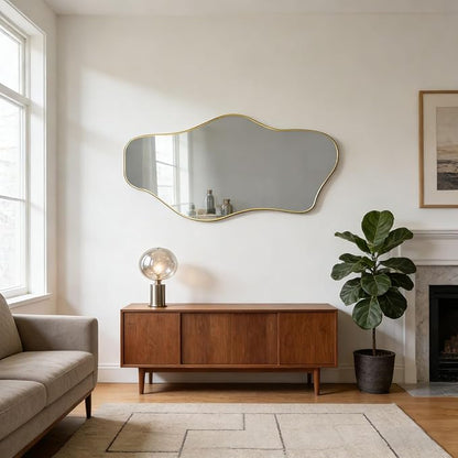 Gold Irregular Mirror, 47.2"x24" Asymmetrical Tempered Glass Mirror, Modern Abstract Frameless Wall Mirrors for Living Room Bedroom Hallway Entryway, Hangs Vertically or Horizontally