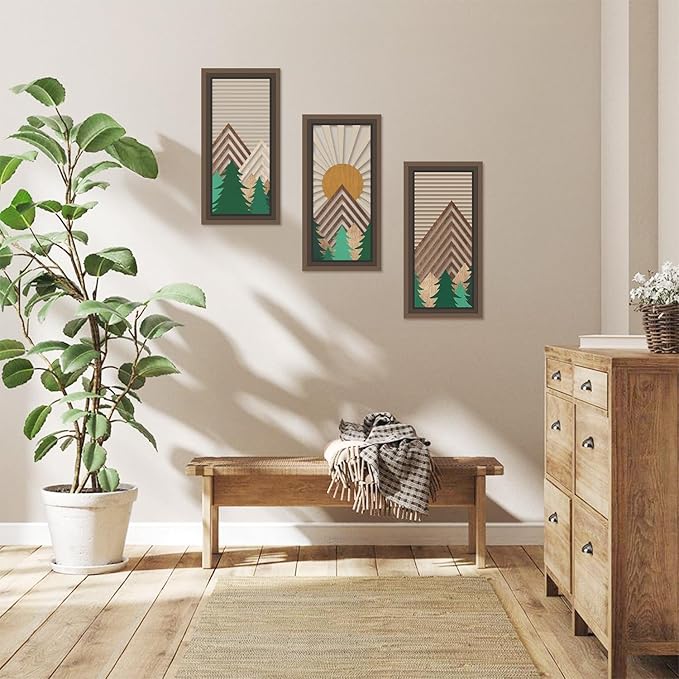 IARTTOP 3 Pcs Boho Mountain Wooden Wall Art Minimalist Geometric Artwork Pine Tree Sunrise Wood Wall Decor Bohemian Forest Hanging Decor for Living Room Bedroom Office 7.9 x15.8 Inch