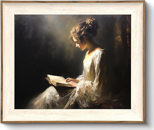 Framed Wall Art Vintage Decor, Classical Reading Woman Portrait Oil Painting, Antique Framed Canvas Print Artwork, Retro Moody Bathroom Decor Vintage Art Wall Decor Aesthetic- 10x12Inch