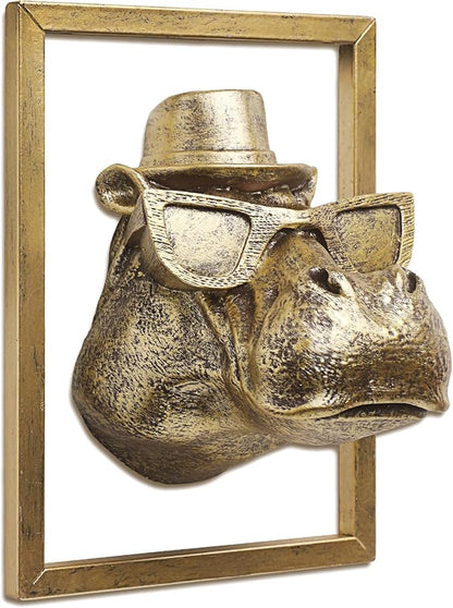 JJALIGHTS Exquisite Resin Animal Head Wall Sculpture (Gift Metal Frame) - Imitation Copper Vintage Decor for Living Room, Bedroom & Office | Decorative Wall Hanging Art(Hippo)