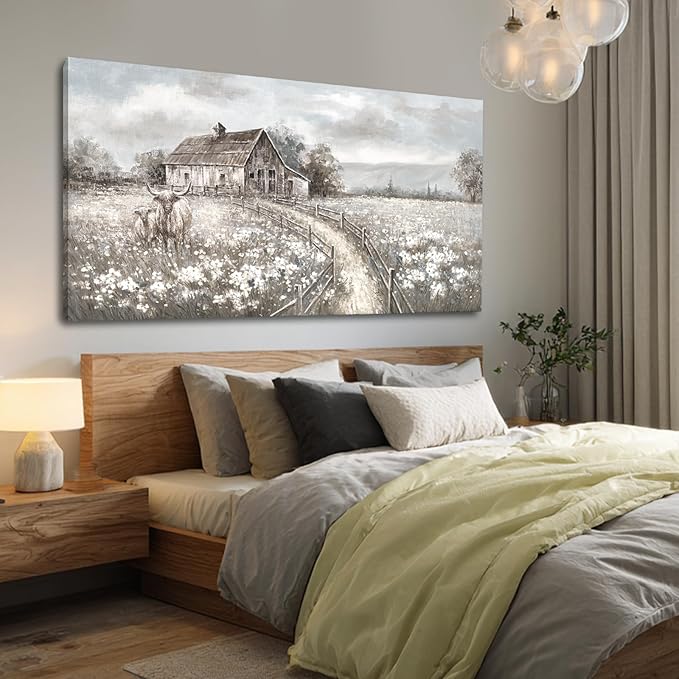 Neutral Greige Highland Cow Canvas Wall Art, Rustic Country Cottage Landscape with Meadow Flowers, Large Horizontal Framed Canvas, Ready to Hang for Living Room/Bedroom, 29x58 Inches