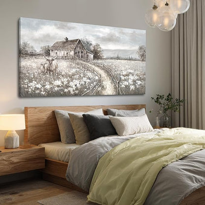 Neutral Greige Highland Cow Canvas Wall Art, Rustic Country Cottage Landscape with Meadow Flowers, Large Horizontal Framed Canvas, Ready to Hang for Living Room/Bedroom, 29x58 Inches