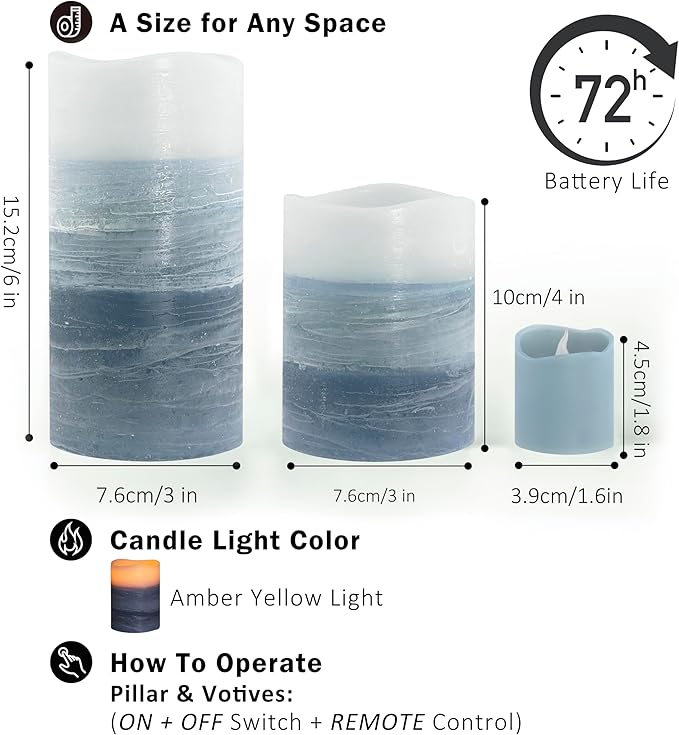FURORA LIGHTING Blue Ombre Flameless Candles - Real Wax, Adjustable Brightness, Remote & Timer - 4 Pillars (3x4, 3x6) and 4 Votives, 8-Pack, Battery Operated