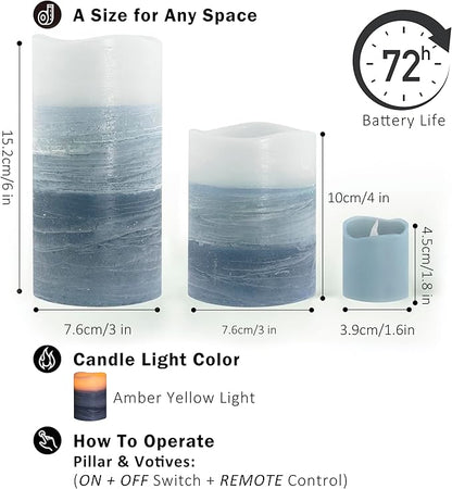 FURORA LIGHTING Blue Ombre Flameless Candles - Real Wax, Adjustable Brightness, Remote & Timer - 4 Pillars (3x4, 3x6) and 4 Votives, 8-Pack, Battery Operated