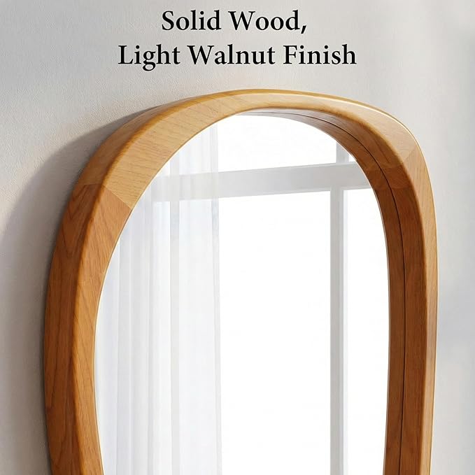 Solid Wood 30"x20" Irregular Asymmetrical Mirror, Japandi Boho Organic Shaped Decorative Accent Mirror, Small Natural Honey Walnut Wooden Wall-Mounted Mirror, Warm Walnut