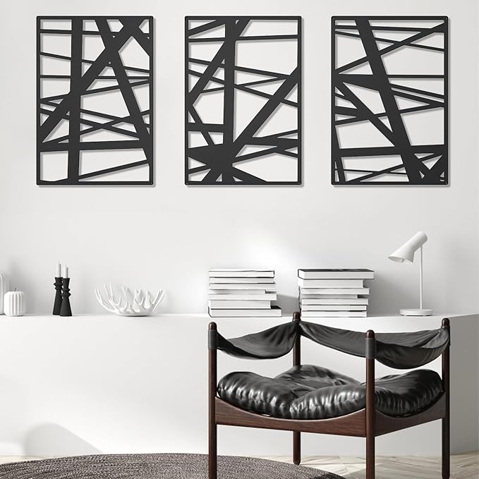 DAYSUP 3 Pieces Black Abstract Metal Wall Art, Minimalist Décor Single Line Art Wall Décor, 3D Textured Metal Wall Sculptures for Living Room Home Decor Bedroom Bathroom Study (16 × 11 inch)