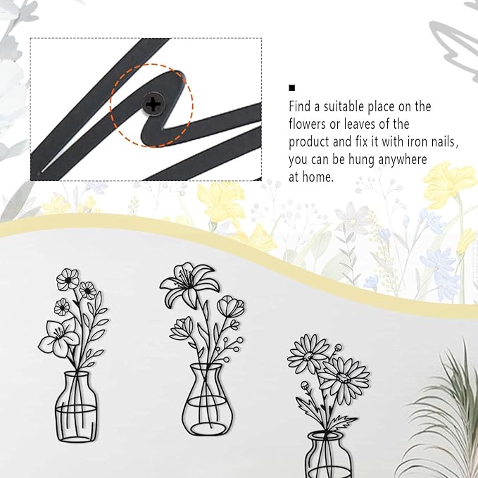 OYEFLY 3 Pieces Metal Flowers Wall Arts,Black Metal Vase Wall Art,Rustic Farmhouse Decor (Black)