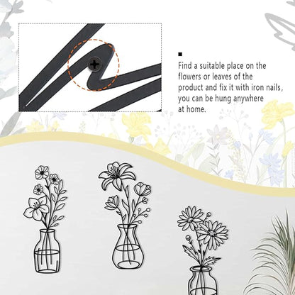 OYEFLY 3 Pieces Metal Flowers Wall Arts,Black Metal Vase Wall Art,Rustic Farmhouse Decor (Black)