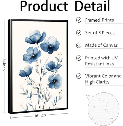 okudolit Navy Blue Wildflower Framed Canvas Wall Art Set Of 3 Flowers Pictures Prints Flowers Printing Floral Watercolors Flower wall Decor Living Room Bedroom Dinning Room Farmhouse Office-16 x24in
