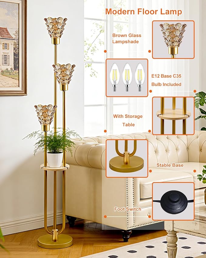 3-Light Modern Glass Floor Lamp with Shelf, Gold Tall Standing Lamp with Amber Flower Glass Shade, LED Floor Lamp with Foot Switch& 5Lbs Heavy Base for Living Room Bedroom, Bulb Included