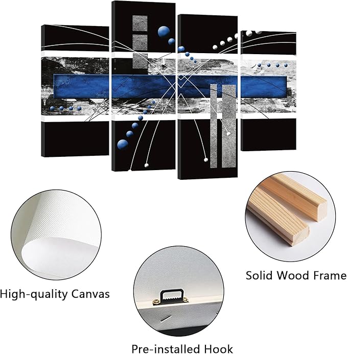YPY Large Black Blue Canvas Wall Art - 4 Panels Modern Abstract Picture Set for Home Decoration - Contemporary Painting Artwork Ready to Hang Living Room Bedroom W48 x H36