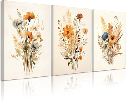 Botanical Floral Wall Art Set of 3 Vintage Wildflower Canvas Wall Decor Watercolor Rustic Farmhouse Wall Art Aesthetic Botanical Pictures Vintage Floral Prints for Bedroom 24x36 Inch Ready to Hang