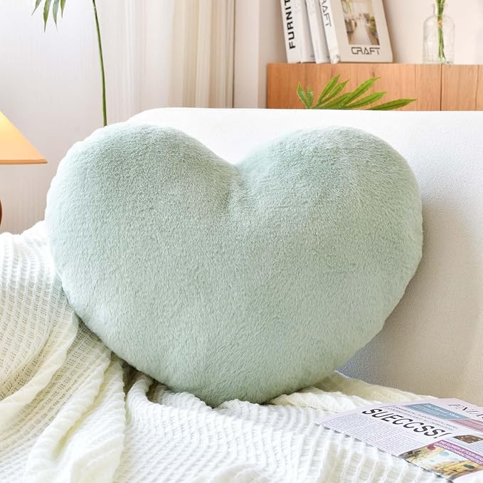 XVTRU Sage Green Heart Pillows, Cute Heart Decorative Pillow, Heart Shaped Throw Pillows for Bed, Faux Rabbit Fur Plush Hoom Decor Pillow Cushion for Chair Sofa Living Room (Mini 12.9" x 9.8")