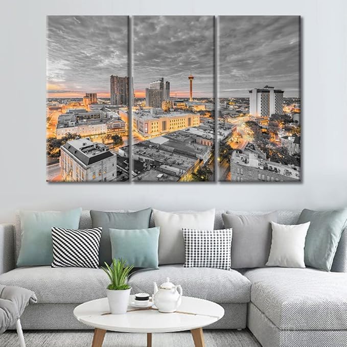 TUMOVO 3 Panel San Antonio Texas USA Downtown City Skyline Modern Artwork Wall Decor Skyscrapers Cityscape Pictures Bathroom Decor Wall Art Print on Canvas Framed Ready to Hang (60" Wx40 H)