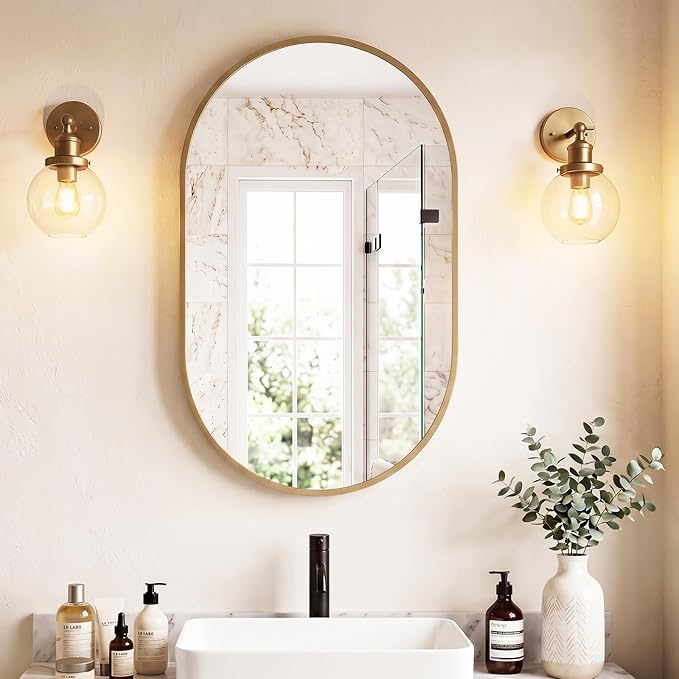 NEWBULIG 24" x 36" Oval Bathroom Mirror, Gold Wall Mirror with Metal Frame, Tempered Glass, Morden Vanity Mirror for Over Sink, Entryway, Living Room, Bedroom, Horizontal or Vertical