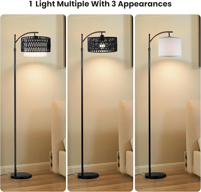 Yusist Arc Floor Lamp for Living Room,Farmhouse Floor Lamps with Remote Control & Dimmable Bulb,Black Rattan Boho Tall Standing Lamp for Bedroom Office