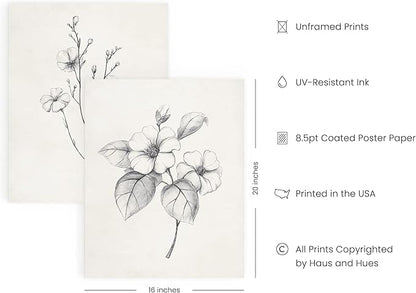 HAUS AND HUES Grey Floral Wall Art - Set of 4 Plant Posters for Wall Vintage, Botanical Prints, Black and White Flower Pictures for Room Aesthetic, Farmhouse Bathroom, Rustic Art (16x20, Unframed)