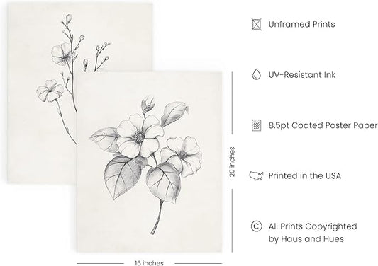 HAUS AND HUES Grey Floral Wall Art - Set of 4 Plant Posters for Wall Vintage, Botanical Prints, Black and White Flower Pictures for Room Aesthetic, Farmhouse Bathroom, Rustic Art (16x20, Unframed)