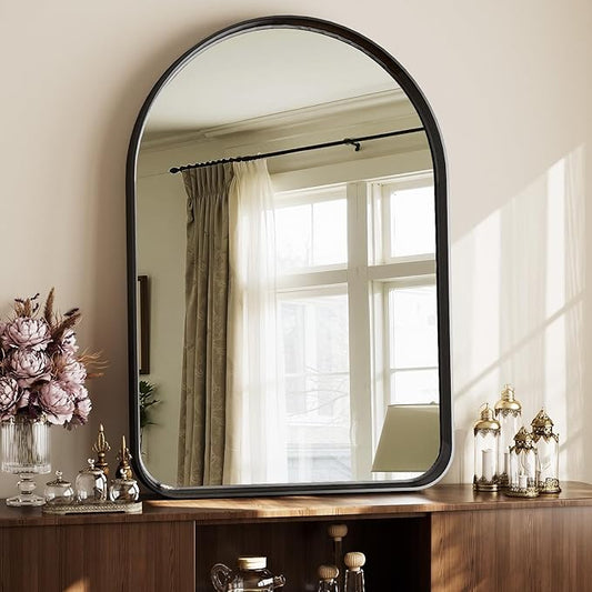 Easly 38"x26" Arched Bathroom Mirror - Modern Black Mirror for Wall with Rounded Corners, Bathroom Mirror for Vanity, Aluminum Alloy Framed Mirror - for Living Room, Bedroom, Cloakroom