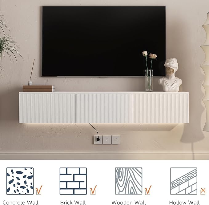 KEIKI 65" Floating TV Stand Wall Mounted with 16 Color LEDs & Power Outlets for TVs Up to 70 Inch, Wooden Media Console Entertainment Center Television Table Cabinet for Living Room, Bedroom