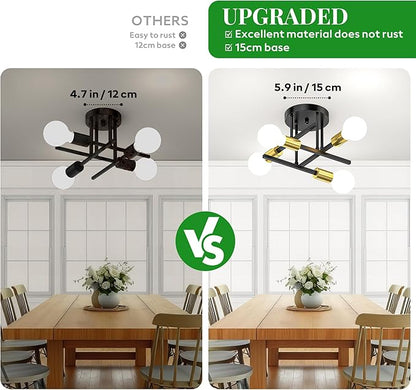 4-Light Sputnik Semi Flush Mount Ceiling Light, 5.9” Canopy, Modern Black and Gold Metal Chandelier, Close to Ceiling Light Fixture with E26 Base for Bedroom, Dining Room, Kitchen, Living Room