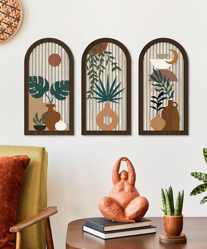 Putuo Decor Boho Wall Art, Abstract Botanical Room Decorations with Leaf & Sun Lines, Modern Minimalist Wooden Wall Decor 16x8 In Mid Century Artwork for Living Room Bedroom Office Set of 3