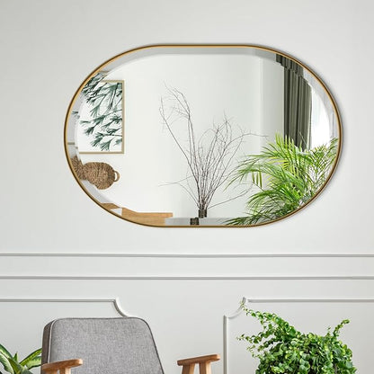 POZINO Modern Oval Beveled Mirror, 24"x36" Brushed Gold Bathroom Vanity Mirror Over Sink, Pill Shaped Capsule Wall Mounted Mirrors for Living Room Bedroom Entryway, Hangs Vertically or Horizontally