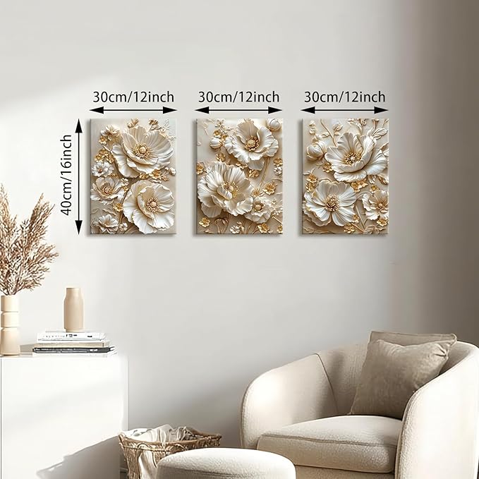 3 Pcs Modern Beige Gold Peony Floral Canvas Wall Art, Neutral Elegant 3d Beige Flowers Wall Painting White Blooming Floral Pictures Posters Art Print Home Decor for Bedroom Living Room Office 12"x16"x3