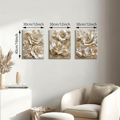 3 Pcs Modern Beige Gold Peony Floral Canvas Wall Art, Neutral Elegant 3d Beige Flowers Wall Painting White Blooming Floral Pictures Posters Art Print Home Decor for Bedroom Living Room Office 12"x16"x3