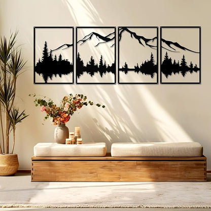 YIYA 4 Pcs Mountain Metal Wall Art - Large Forest Decorative Black Metal Wall Decor - Vertical Wall Sculptures for Home, Living Room, Bedroom (landscape-2)