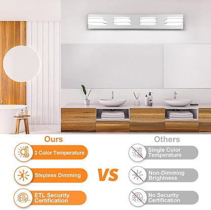 GOODATE 3 Color Temperature Dimmable Vanity Lights for Bathroom, LED Chrome 4 Light Vanity Lighting Fixtures, Acrylic Stainless Steel Oval Shade Bathroom Light Fixtures Over Mirror, ETL Certificated
