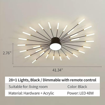 Modern Ceiling Light LED Flush Mount Ceiling Light for Living Room,Kitchen,Dining Room,Bedroom Fireworks Design Dimmable with Remote Control & Memory Function Lighting Fixture (Black,28 Light)