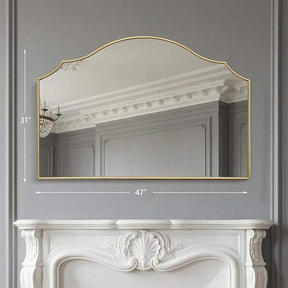 Besdomus Large Scalloped Gold Mirror: 47"x31" Modern Minimalist Wood Frame Wall Mirror - Decorative Vanity Arched for Bathroom/Dresser/Entryway/Fireplace/Living Room - Stylish Home Decor