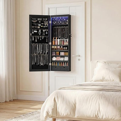 DUMOS Jewelry Armoire Cabinet with Full Length Mirror, 47.2" Tall Wall Mounted or Over the Door Jewelry Organizer with 33 Necklace Hooks, Lockable Large Capacity Jewelry Armoire with Drawers, Black