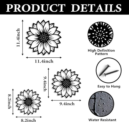 Vineland Metal Sunflower Wall Art, Set of 3 Black Minimalist Floral Decor, Rustic Farmhouse Farmhouse Decoration for Living room Bathroom Bedroom Dining Room - Housewarming Gifts