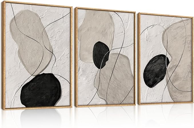 ANHUIB Neutral Abstract Wall Art Canvas,Mordern Geometric Wall Decor Framed,Contemporary Minimalist Artwork, Black Beige Canvas Prints, 3 Piece 24 * 36IN Painting for Living Room Bedroom Office
