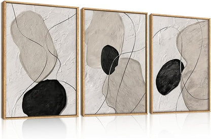 ANHUIB Neutral Abstract Wall Art Canvas,Mordern Geometric Wall Decor Framed,Contemporary Minimalist Artwork, Black Beige Canvas Prints, 3 Piece 24 * 36IN Painting for Living Room Bedroom Office