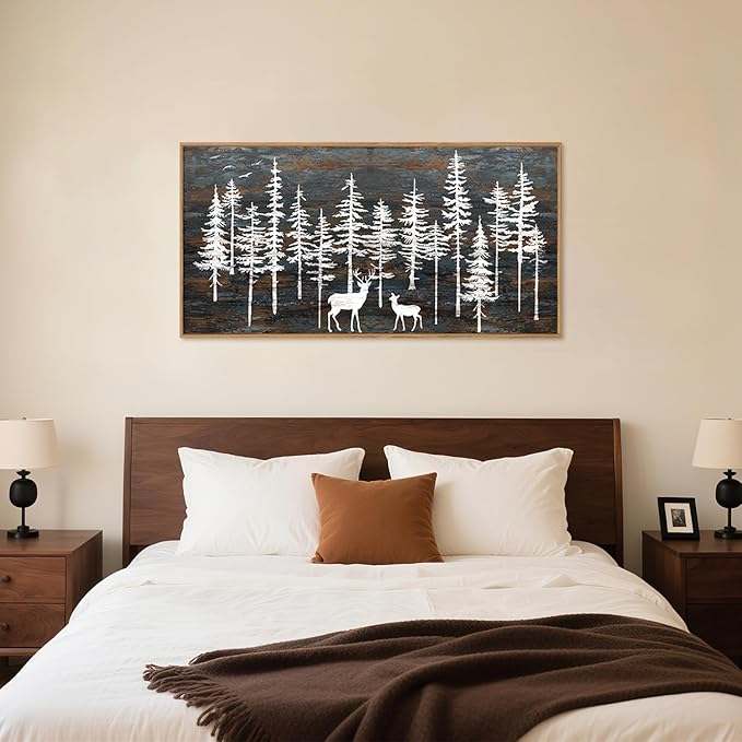 Modern White Forest Framed Canvas Wall Art Set, Minimalist Woodland Art Painting, Retro Tree Landscape Wall Decor, Wildland Deer Artwork for Living Room, Dining Room, Office-20 x40