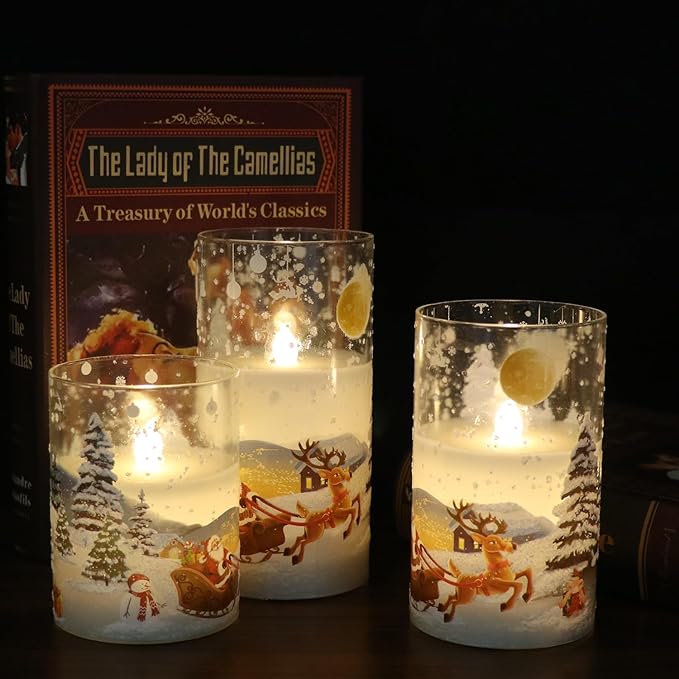 Santa Claus Glass Flameless Candles Battery Operated Remote and Timer Real Wax LED Flickering Pillar Candles White Cold Light Window Christmas Holiday Decor D3 x H4, 5", 6"
