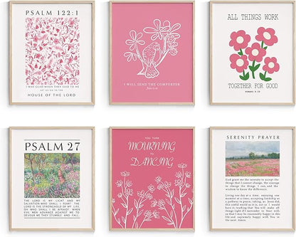 Habseligkeit Pink Flower Wall Art Prints, Retro Wall Decors for Room Aesthtic, Abstract Posters for Girls Bedroom Decor Aesthetic Unframed, 8X10in, Set of 6
