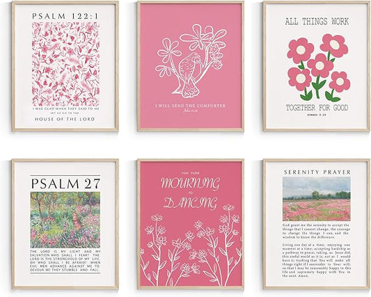 Habseligkeit Pink Flower Wall Art Prints, Retro Wall Decors for Room Aesthtic, Abstract Posters for Girls Bedroom Decor Aesthetic Unframed, 8X10in, Set of 6