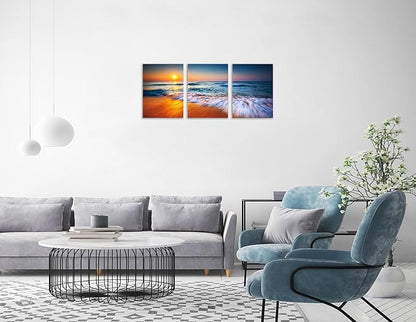 TutuBeer 3 Pcs Ocean Pictures Beach Pictures Beautiful Sunrise over the Sea Picture Print on Canvas Wall Decor Beach Picture Ocean Wall Art Stretched and Framed 12" x 16" x 3 Pcs